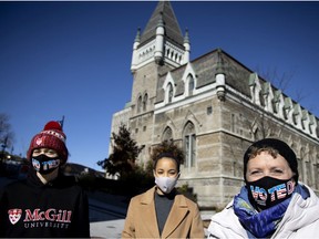 American students Brent Jamsa, left to right, Maya Elle Michaud Thomas and Randi Weitzner, a mature student who is taking one class per semester, currently at Concordia University, are seen on the McGill University campus in Montreal, on Monday, Nov. 2, 2020.