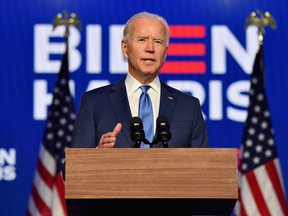 Democratic presidential nominee Joe Biden speaks at the Chase Center in Wilmington, Del., on November 6, 2020. Saying he hoped to address Americans again on Saturday, Biden emphasized that Donald Trump’s demands to stop the vote count would not work. “Your vote will be counted. I don’t care how hard people try to stop it. I will not let it happen.”