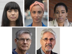 Top row: New Gazette columnists Saleema Nawaz, left, Émilie Nicolas and Martine St-Victor. Bottom row: Returning columnists Paul Delean and Jack Todd