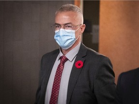 Montreal police officer Christian Gilbert is seen outside Montreal courtroom on Monday Nov. 9, 2020.