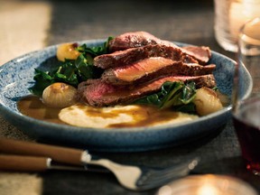 Peter Sanagan pairs flat iron steak with bread sauce, cipollini onions and Swiss chard.