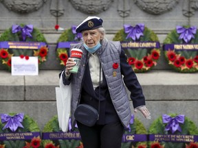Violet Drummond, 96, was one of about 30 people who came out to the Remembrance Day ceremony at Place du Canada on Wednesday morning.