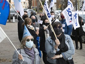 FTQ members staged a brief 15-minute protest outside the FTQ building in Montreal on Nov. 12.