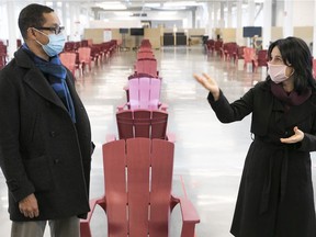 Montreal mayor Valérie Plante and Quebec Junior Health Minister Lionel Carmant tour the new Accueil Bonneau warm-up shelter in the Old Port on Saturday, Nov. 14, 2020, during the COVID-19 pandemic.