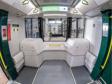 The REM's first train cars were unveiled in Brossard on Monday November 16, 2020. The front car has a lowered window so that kids can get a great view outside.