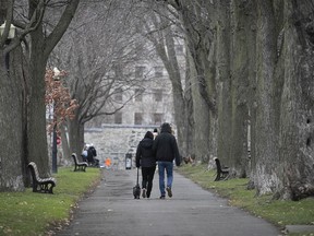 A couple make their way along  the path along Jeanne Mance Park on Nov. 17, 2020