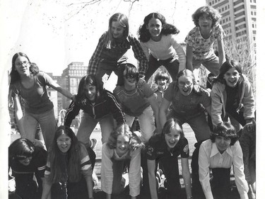 Kamala Harris is top-centre in a human pyramid of FACES students. The picture was taken on McGill Campus in 1978. Top L-R: Cindy Garmaise, Harris, Kimberley MacKenzie. In the middle row, far right, is Vicky Compton. In the background, just below Harris, is Nicholas Simons.