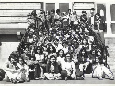 Kamala Harris sits second-row, centre, in this photo of FACES students taken on the school steps in 1978. Top right, in glasses, is FACES/FACE co-founder and former principal Phillip Baugniet.