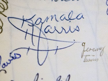 MONTREAL, QUE.: NOVEMBER 19, 2020 -- Kamala Harris signature next to signatures from her classmates at FACE school on a year-end review collected by retired educator Richard Mason at his home outside of Knowlton, east of Montreal Thursday November 19, 2020.  Mason was Harris's math teacher when she attended FACE school in 1976 to '78, before she attended Westmount High School. (John Mahoney / MONTREAL GAZETTE) ORG XMIT: 65346 - 8574