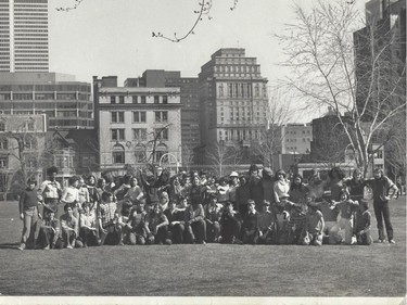 VP-elect Kamala Harris, in white, stands in the middle row, to the left of a boy with his arms raised, with a crowd of fellow FACES students on McGill campus in 1978. Credit: Vicky Compton.