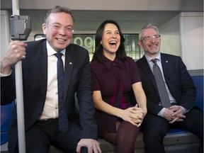 "It can't be solely on the shoulders of cities. I know it's cooler to invest in the new stuff, but governments need to help us with the older stuff, too," says Mayor Valérie Plante, seen here with STM chairman Philippe Schnobb, left, and director general Luc Tremblay.
