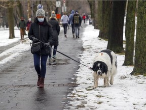 A woman walks her friend's dog on Avenue Parc La Fontaine on Nov. 23, 2020.