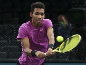 Felix Auger-Aliassime of Canada during the Men's Doubles Final on day 7 of the Rolex Paris Masters, an ATP Masters 1000 tournament held behind closed doors at AccorHotels Arena formerly known as Paris Bercy on November 8, 2020 in Paris, France.