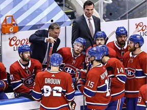 Interim head coach Kirk Muller of the Montreal Canadiens speaks to his team during a timeout against the Philadelphia Flyers during Game 3 of their first-round playoff series at Scotiabank Arena on Aug. 16, 2020, in Toronto.