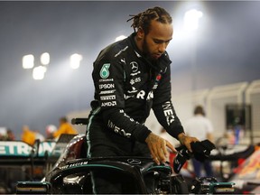 Race winner Lewis Hamilton of Great Britain and Mercedes GP celebrates in parc ferme during the F1 Grand Prix of Bahrain at Bahrain International Circuit on November 29, 2020 in Bahrain, Bahrain.