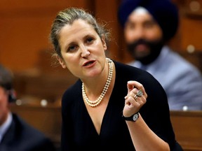 FILE PHOTO: Canada's Deputy Prime Minister and Minister of Finance Chrystia Freeland speaks in parliament during Question Period in Ottawa, Ontario, Canada September 29, 2020.  REUTERS/Patrick Doyle/File Photo
