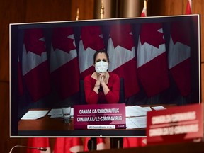 Minister of Finance Chrystia Freeland takes part via video conference as an update is provided during the COVID pandemic in Ottawa on Tuesday, Nov. 3, 2020.