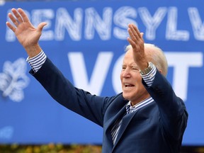Joe Biden speaks at a drive-in rally in Bristol, Pa., on Oct. 24, 2020.