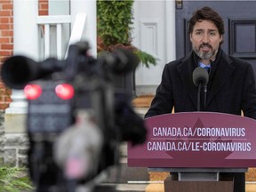 Canadian Prime Minister Justin Trudeau speaks during a COVID-19 pandemic briefing from Rideau Cottage in Ottawa on Friday, Nov. 20, 2020.