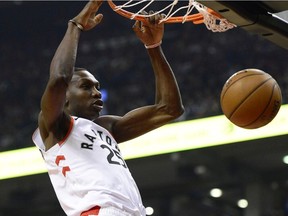 Toronto Raptors forward Chris Boucher throws down a dunk against the Dallas Mavericks during first half action in Toronto on Dec. 22, 2019.