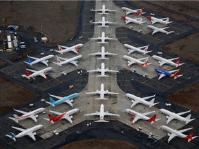 Grounded Boeing 737 MAX aircraft are seen parked at Grant County International Airport in Moses Lake, Wash., on Nov. 17, 2020.