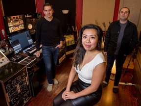 From left, music producer Steve Foley, Ottawa Music Industry Coalition executive director Jamie Kwong and music lawyer Byron Pascoe at Steve's Audio Valley Recording Studio.