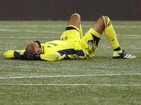 Impact goalkeeper Clément Diop reacts after New England scored the winning goal with seconds remaining in added time at Gillette Stadium in Foxborough, Mass., Friday night.