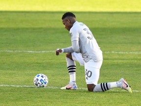 Montreal Impact forward Romell Quioto reflects on the field before a match against the D.C. United at Audi Field on Sunday, Nov. 8, 2020, in Washington, D.C.