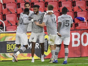 Montreal Impact players celebrate the team's winning goal against the D.C. United in the second half at Audi Field on Nov. 8, 2020, in Washington.