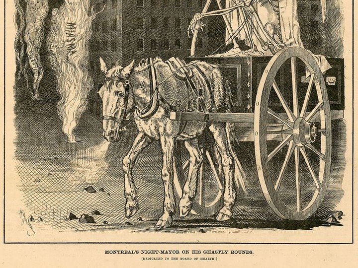  This 1875 cartoon by Henri Julien depicts Montreal as a death trap beset by cholera, smallpox, typhus and dysentery. Illustration courtesy McCord Museum.