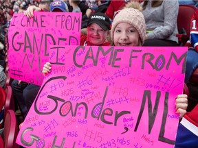 Gander, N.L., Habs fans, from left, Peyton Hefford and Nicole Gillingham, both age 11, were all smiles as the Canadiens hosted the Florida Panthers at the Bell Centre on Feb. 1, 2020.