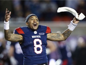 Montreal Alouettes quarterback Vernon Adams Jr. celebrates his team's victory over the Calgary Stampeders in Montreal on Oct. 5, 2019.