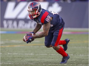 Montreal Alouettes kick-returner Mario Alford fields the ball during a game against the Calgary Stampeders in Montreal on Oct. 5, 2019.