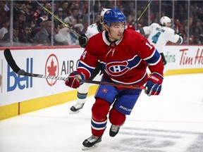 Canadiens' Nick Suzuki follows the play during third period against the San Jose Sharks in Montreal on Oct. 24, 2019.