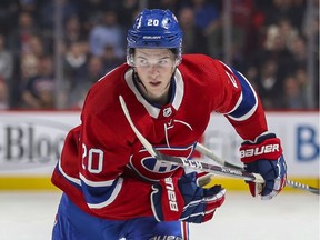 Montreal Canadiens defenceman Cale Fleury follows the play during game against the San Jose Sharks in Montreal on Oct. 24, 2019.