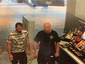 Tommy Dugas, left, and Sébastien Solarek in a photo from a surveillance camera in The Bay at the Fairview Mall in Pointe-Claire on June 30, 2018, minutes before Dugas was killed.