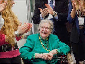 Mary "Marie" Marsh with recipients of McGill awards sponsored by her and her husband Walter, at an event in 2016.