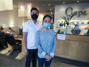 Sandy Nguyen and husband Minh Tien Duong, pictured recently at their nail salon and day spa in Dollard-des-Ormeaux, have helped frontline workers at the Lakeshore General Hospital by paying for take-out meals.