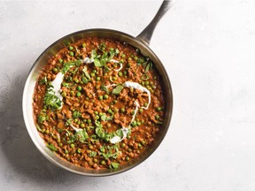 Ground beef and peas are spiced up with garam masala and ginger.