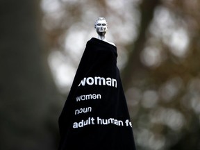 The Mary Wollstonecraft statue Mother of feminism by artist Maggi Hambling is seen covered with a T-shirt in Newington Green, London, Britain, November 11, 2020. "The depiction of this ground-breaking activist as an anonymous nude is disappointing, because so few representations of historical women exist in the public sphere — a sad reality both in London and right here in Montreal, Bettina Forget writes.