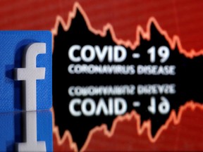 FILE PHOTO: A 3D printed Facebook logo is seen in front of displayed coronavirus disease (COVID-19) words in this illustration taken March 24, 2020. Picture taken March 24, 2020. REUTERS/Dado Ruvic/Illustration/File Photo