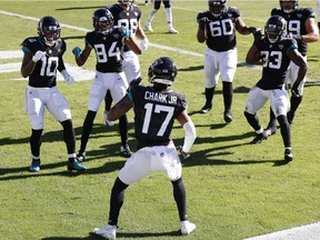 Jacksonville Jaguars wide receiver DJ Chark Jr. (17) does a celebratory dance for teammates following a touchdown catch against the Chicago Bears during the second quarter at TIAA Bank Field. Mandatory Credit: Reinhold Matay-USA TODAY Sports