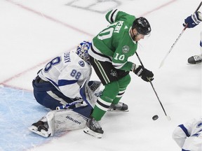 Corey Perry screens Lightning goalie Andrei Vasilevskiy during the Stanley Cup final. Perry scored five goals and 21 points in 57 games with the Stars last season, but added five goals and four assists in 27 playoff games.