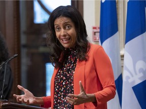 Quebec Liberal Leader Dominique Anglade speaks at a press conference before entering a pre-session party caucus, Thursday, September 3, 2020 at the legislature in Quebec City.