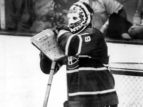 Montreal Canadiens goaltender Ken Dryden strikes iconic pose during a 1979 game.