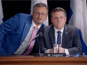 Mehdi Bousaidan (playing Horacio Arruda, Quebec's director of public health) and Claude Legault (playing Quebec Premier François Legault), in a scene from Le Bye Bye 2020, which aired on Radio-Canada Dec. 31, 2020.