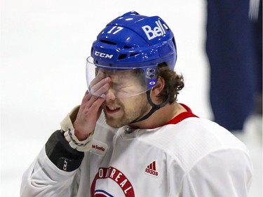 Josh Anderson rubs his eyes during Montreal Canadiens training camp practice at the Bell Sports Complex in Brossard on Wednesday, January 6, 2021.
