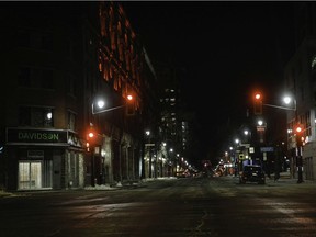 The intersection of René Levesque Blvd. and St. Laurent Blvd. on Jan. 9, 2021, the first night of a province-wide curfew.