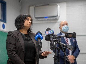 The EMSB showed off their newly installed air purifiers (seen here at top) at Pierre Elliott Trudeau elementary school in Montreal on Monday Jan. 11, 2021. Principal Tanya Alvarez and EMSB chairman Joe Ortona spoke to the media.