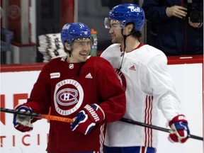 Canadiens right-winger Brendan Gallagher, left, and left-winger Jonathan Drouin were enjoying themselves during the last day of training camp in Brossard on Tuesday.
